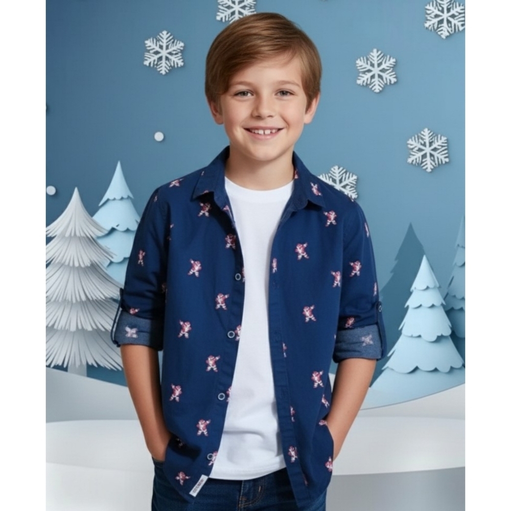 Denim & Flower Ricky Singh Button Down Top Navy Dabbing Santa Claus  Size 9/10
